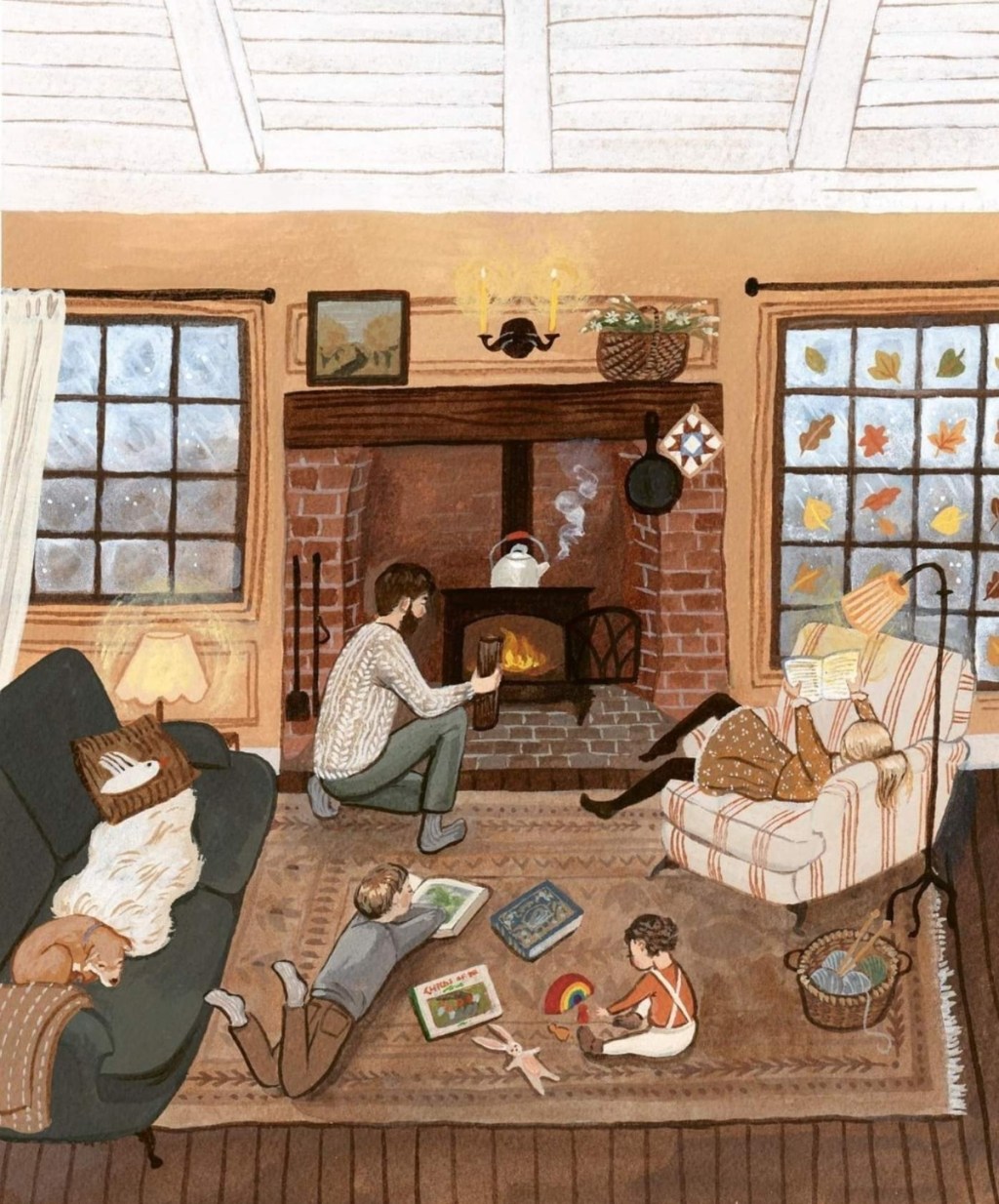 cozy family by fireplace